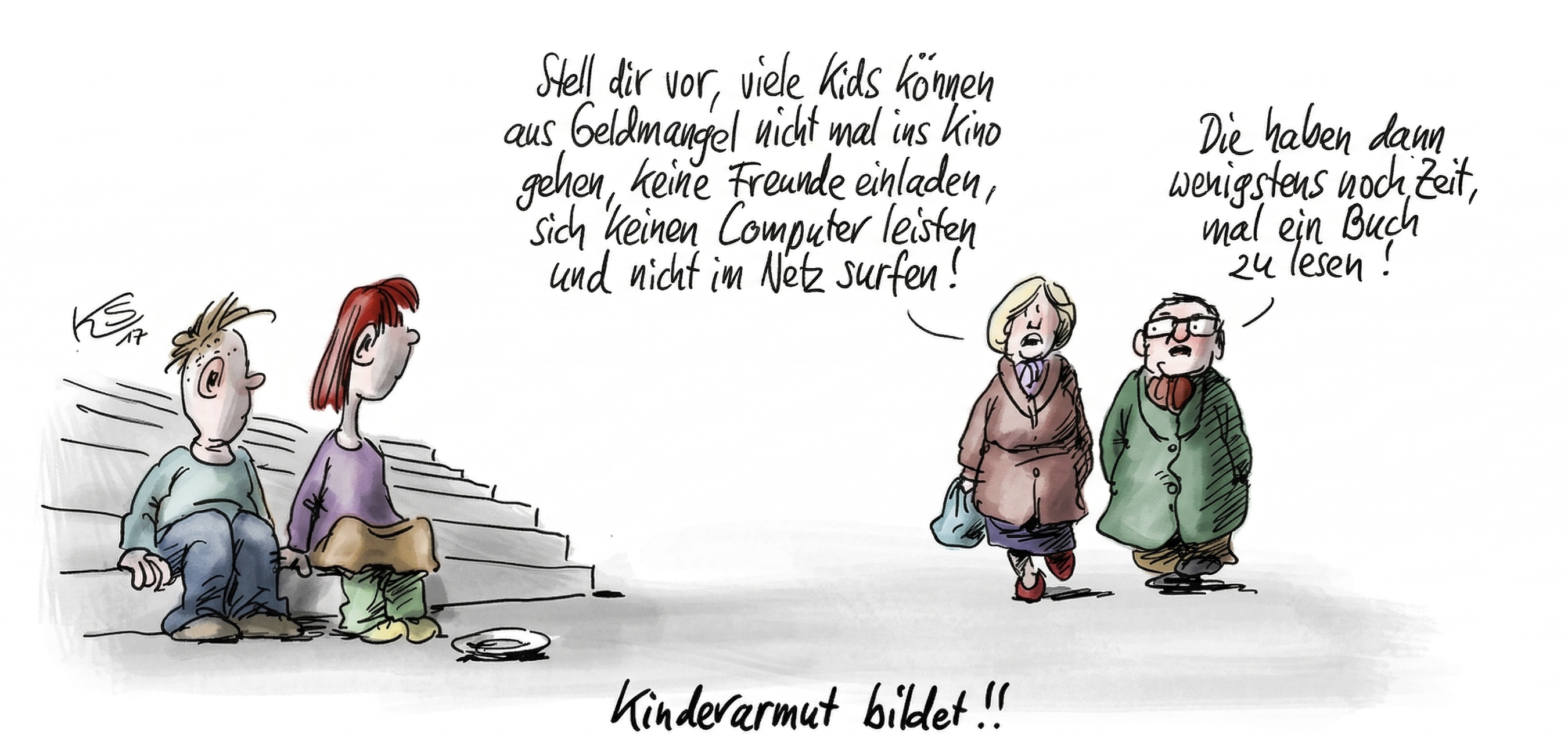 Cartoon: Zwei Kinder auf Treppe, zwei Erwachsene sprechen über Kinderarmut.